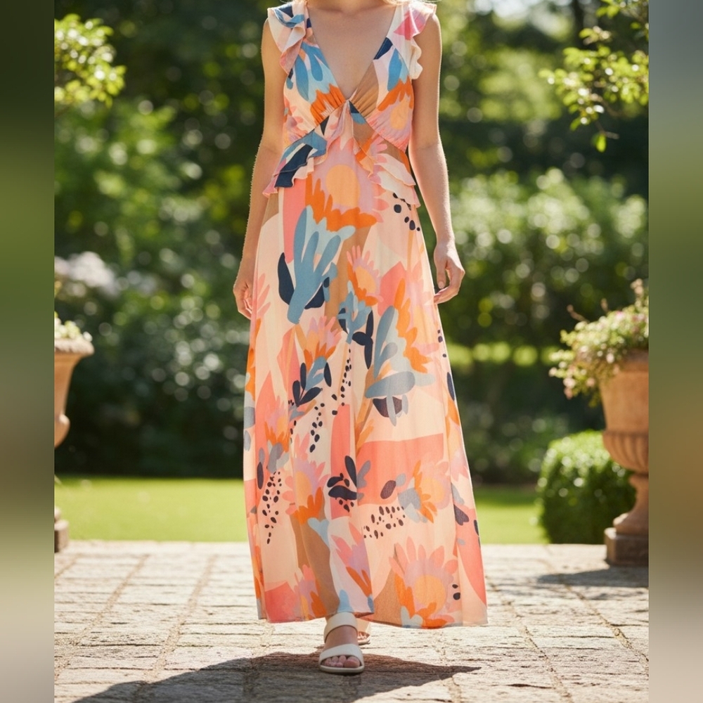 Cezele Collection Women's Open Back Tie Floral Ruffle V-Neck Maxi Dress Size M